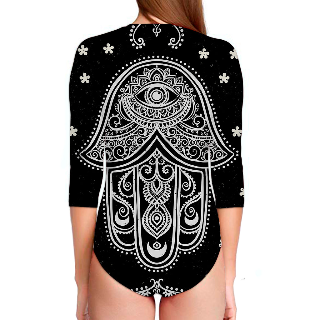 Black And White Hamsa Print Long Sleeve Swimsuit