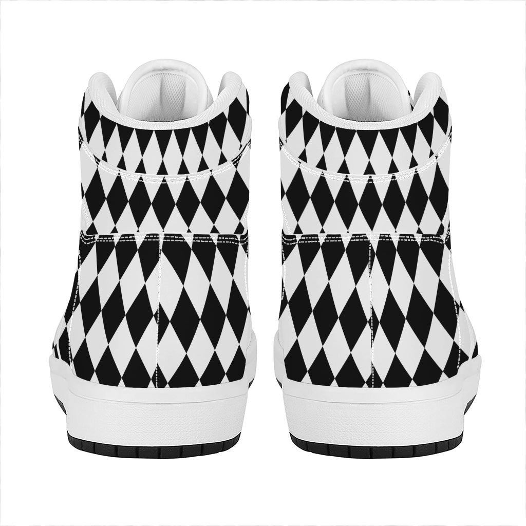 Black And White Harlequin Pattern Print High Top Leather Sneakers