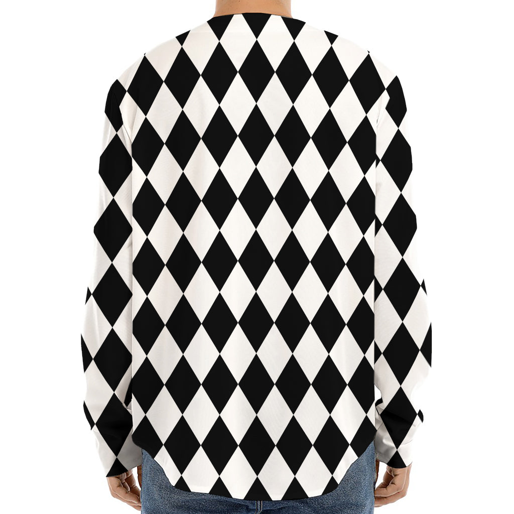 Black And White Harlequin Pattern Print Long Sleeve Baseball Jersey