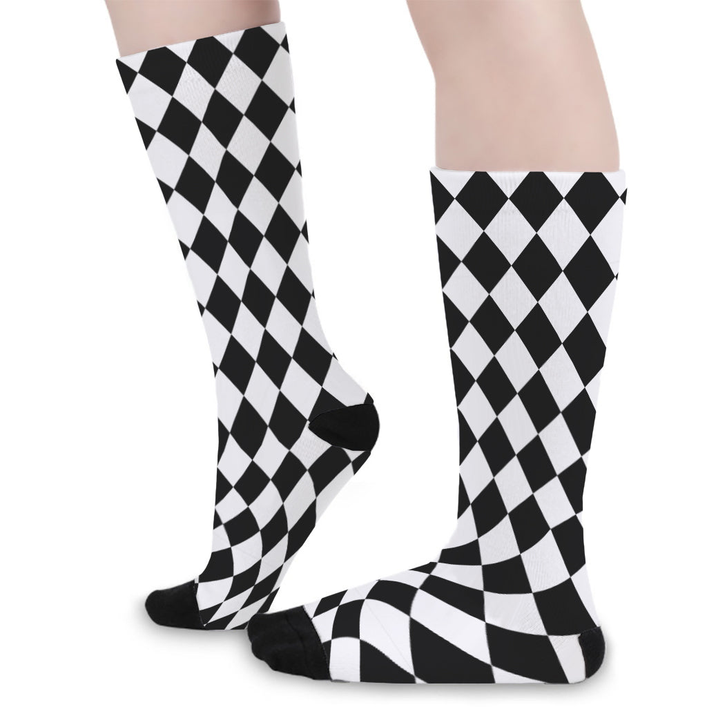 Black And White Harlequin Pattern Print Long Socks