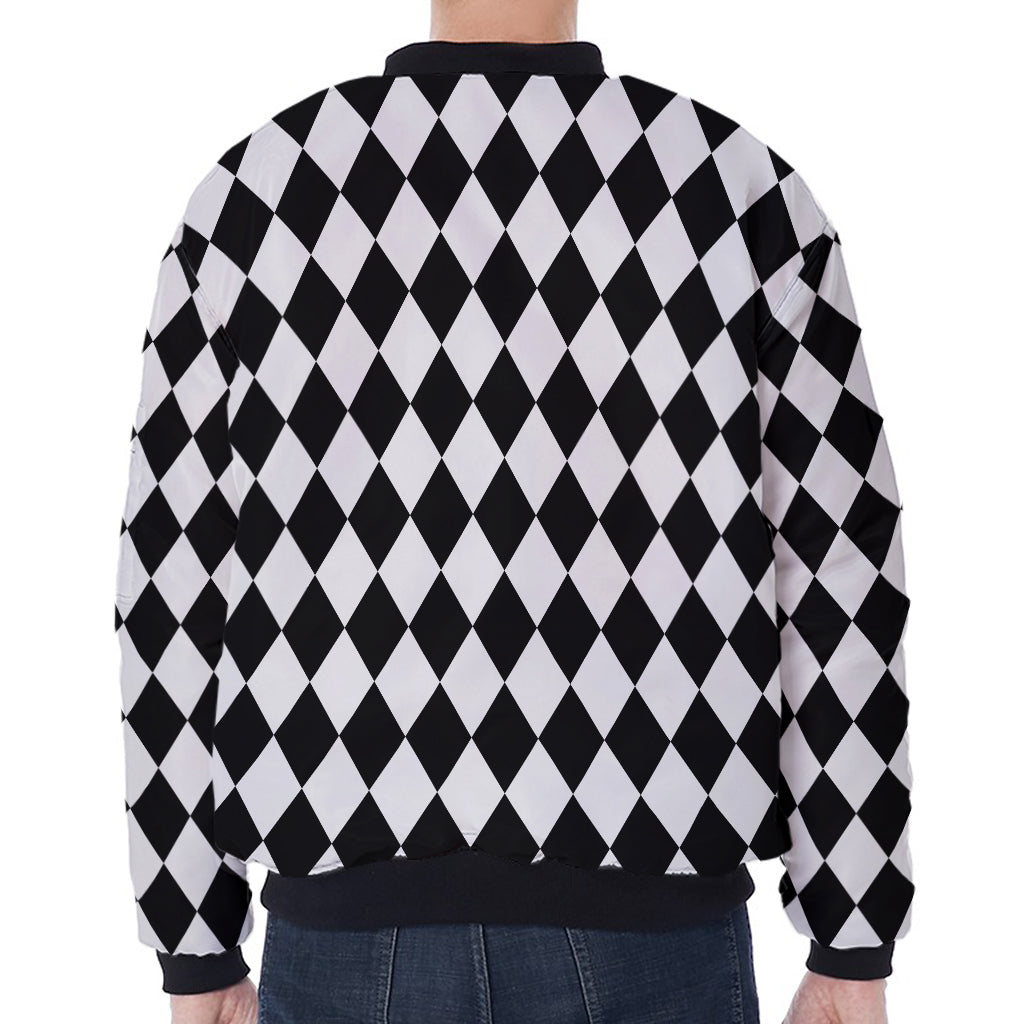 Black And White Harlequin Pattern Print Zip Sleeve Bomber Jacket