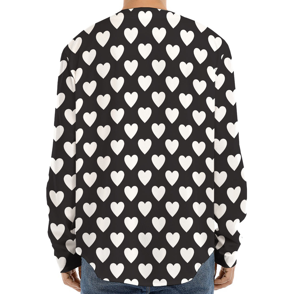Black And White Heart Pattern Print Long Sleeve Baseball Jersey