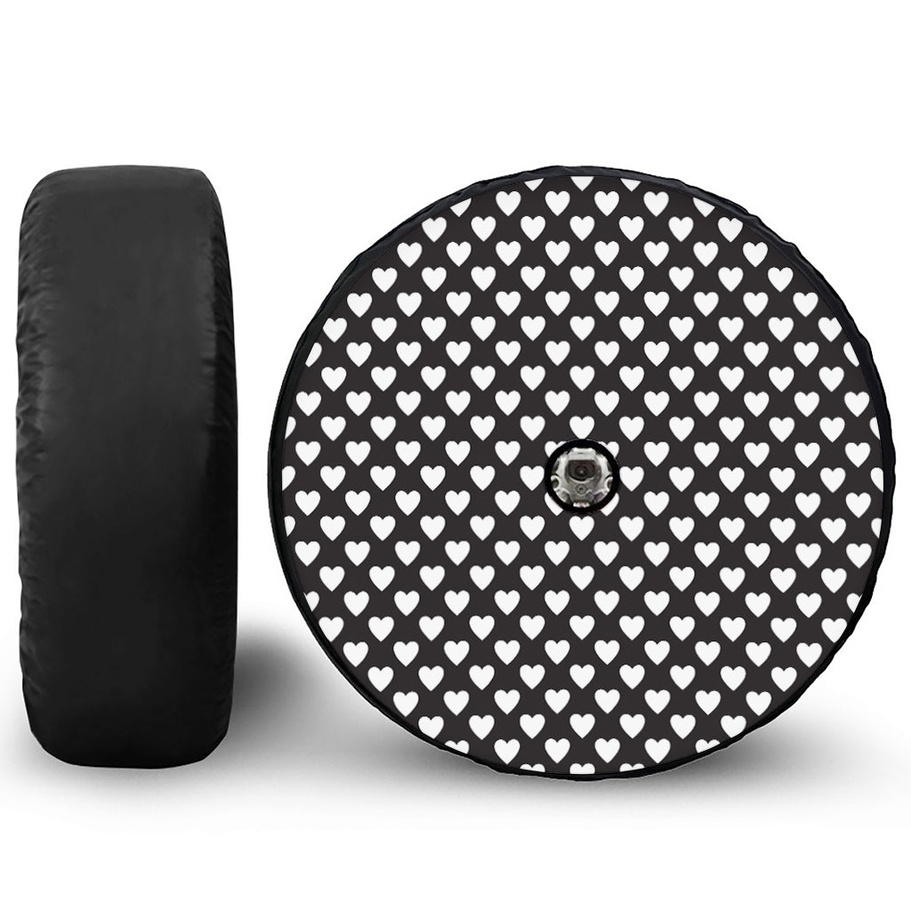 Black And White Heart Pattern Print Tire Cover With Camera Hole