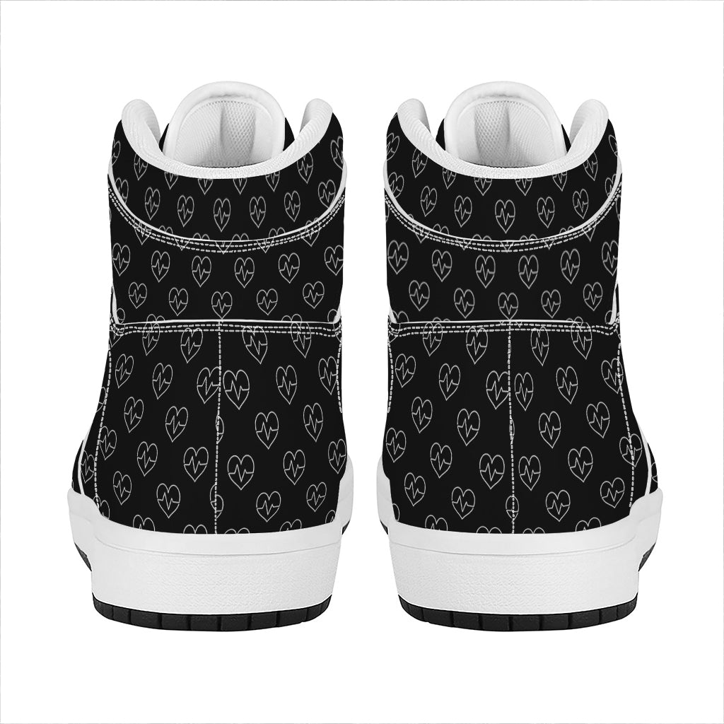 Black And White Heartbeat Pattern Print High Top Leather Sneakers