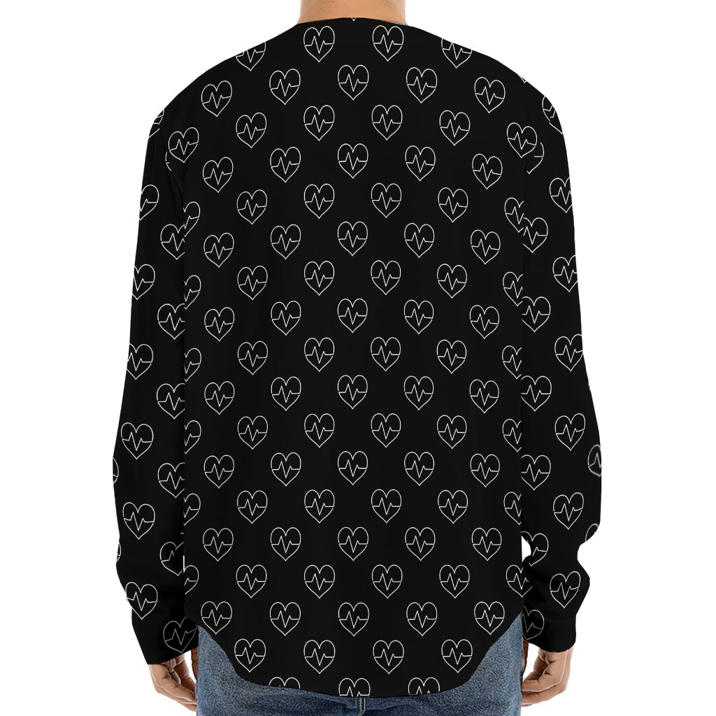 Black And White Heartbeat Pattern Print Long Sleeve Baseball Jersey