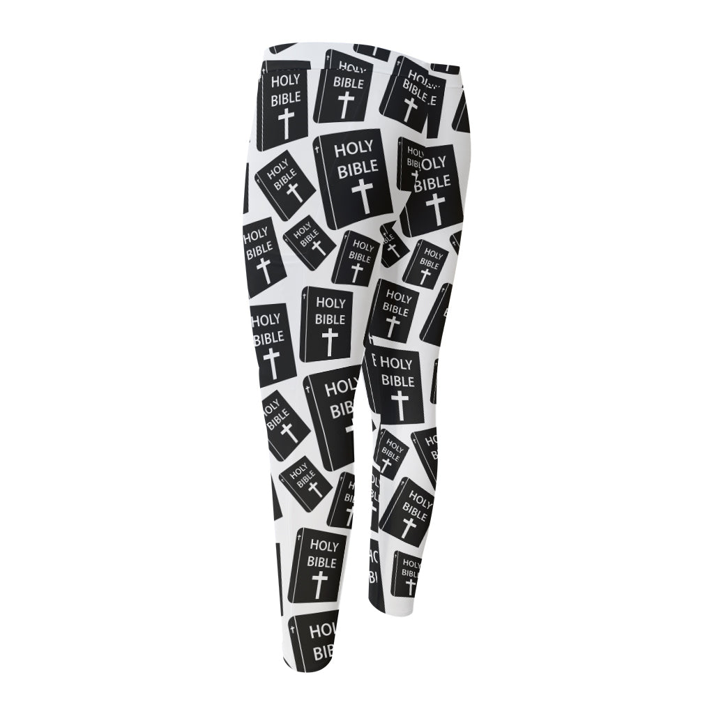 Black And White Holy Bible Pattern Print Men's Compression Pants