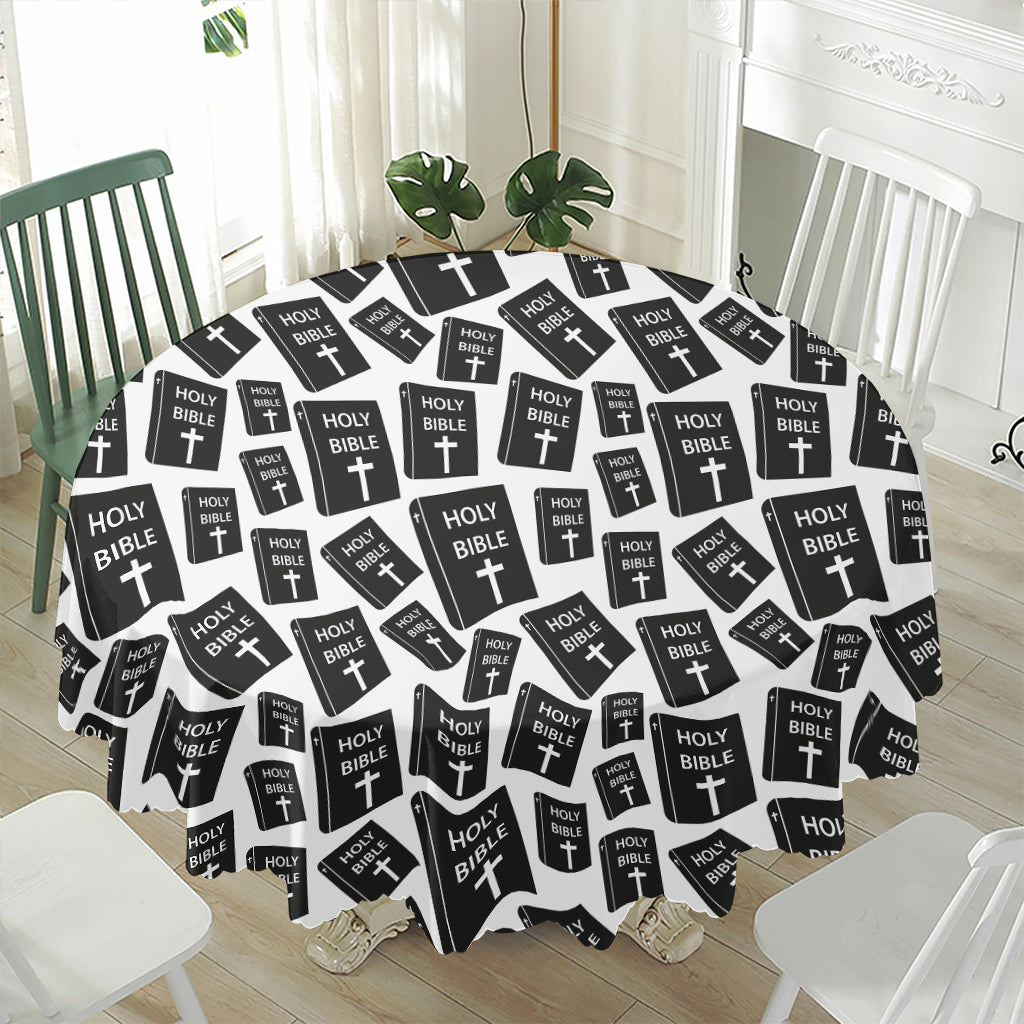 Black And White Holy Bible Pattern Print Waterproof Round Tablecloth