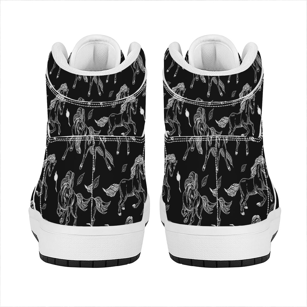 Black And White Horse Pattern Print High Top Leather Sneakers