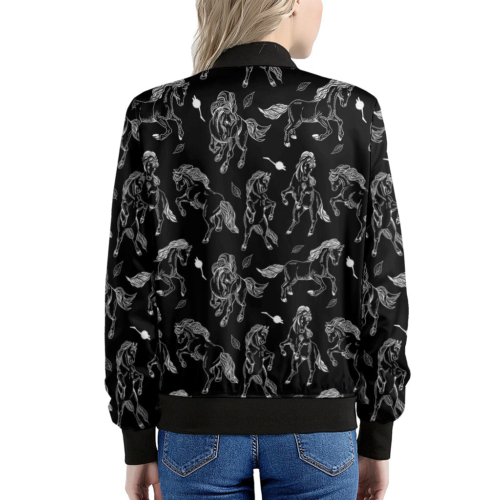 Black And White Horse Pattern Print Women's Bomber Jacket