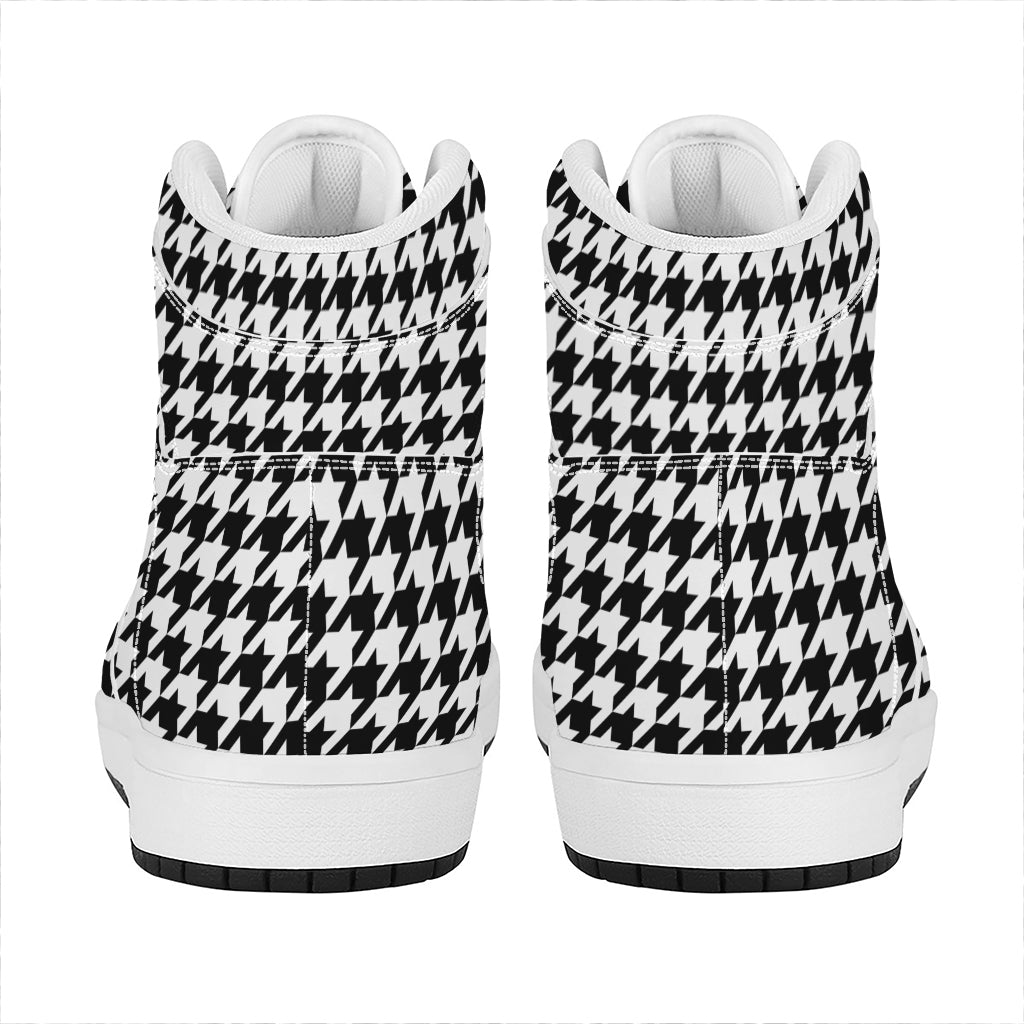 Black And White Houndstooth Print High Top Leather Sneakers