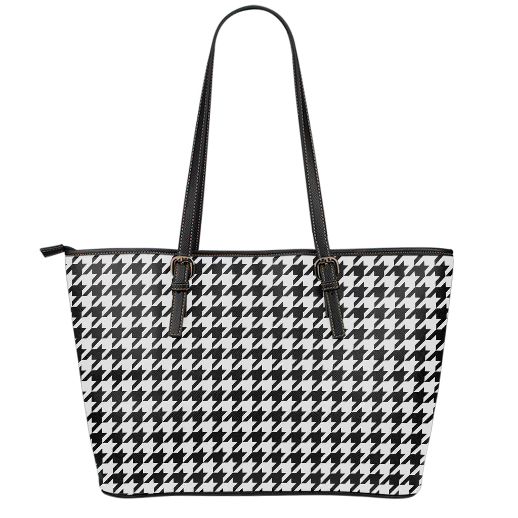Black And White Houndstooth Print Leather Tote Bag