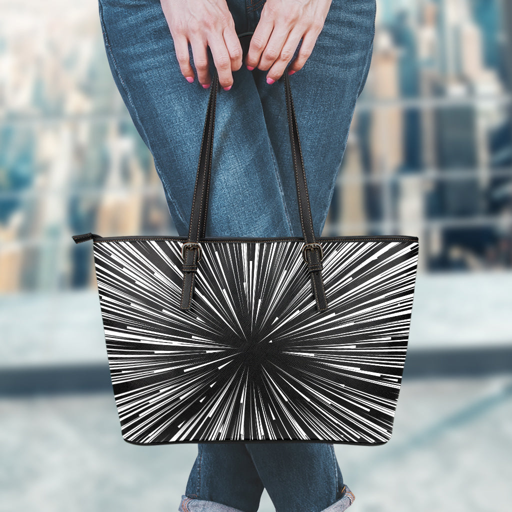 Black And White Hyperspace Print Leather Tote Bag