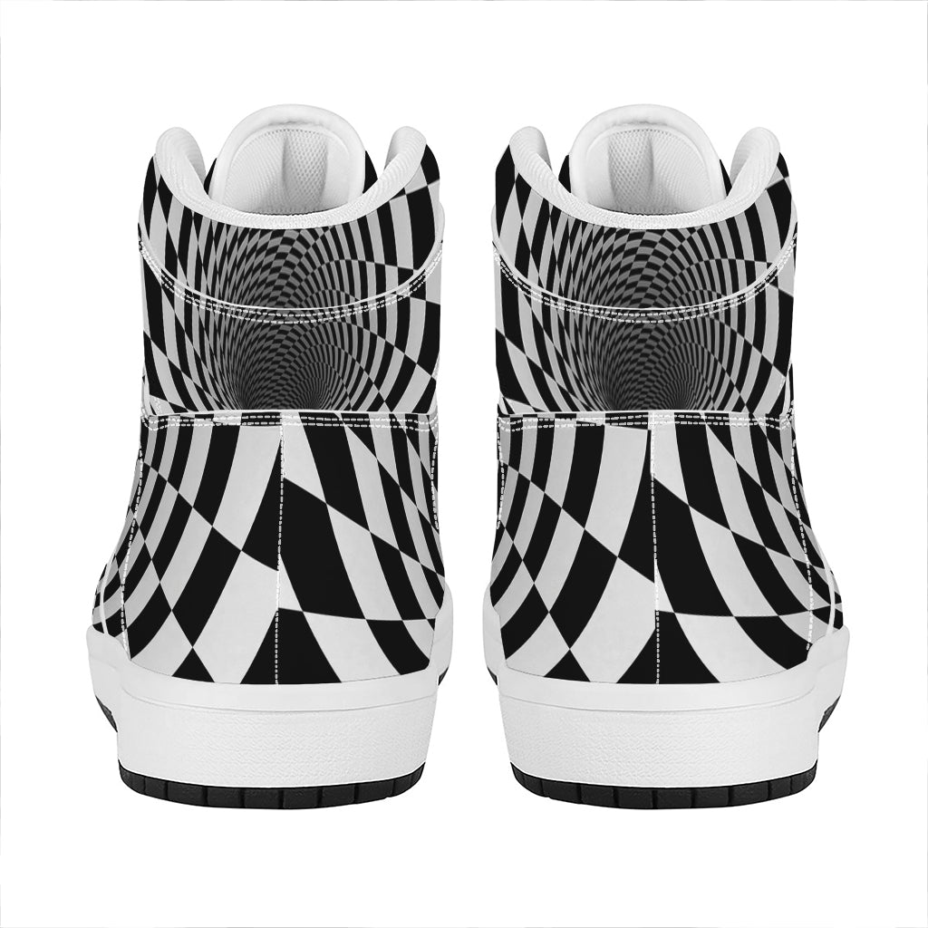 Black And White Hypnotic Illusion Print High Top Leather Sneakers