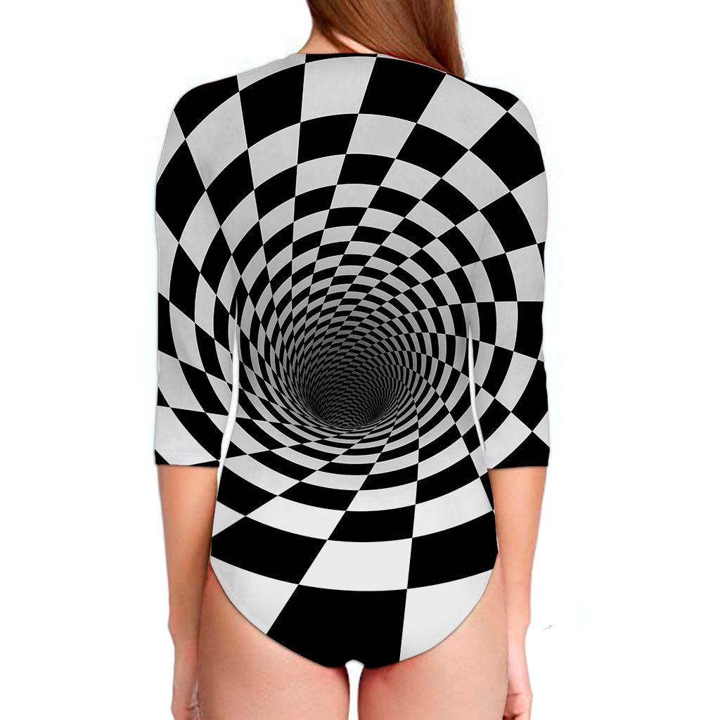 Black And White Hypnotic Illusion Print Long Sleeve Swimsuit