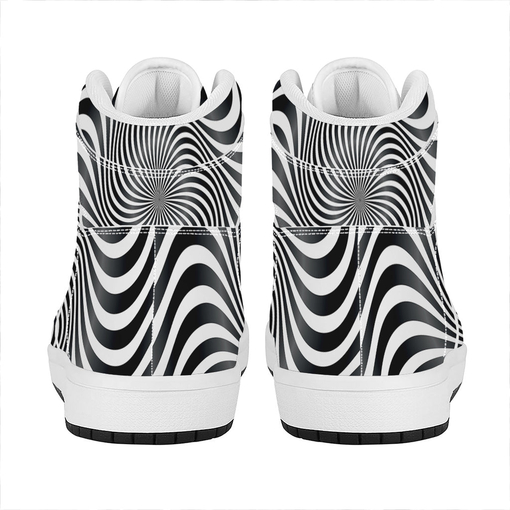 Black And White Illusory Motion Print High Top Leather Sneakers