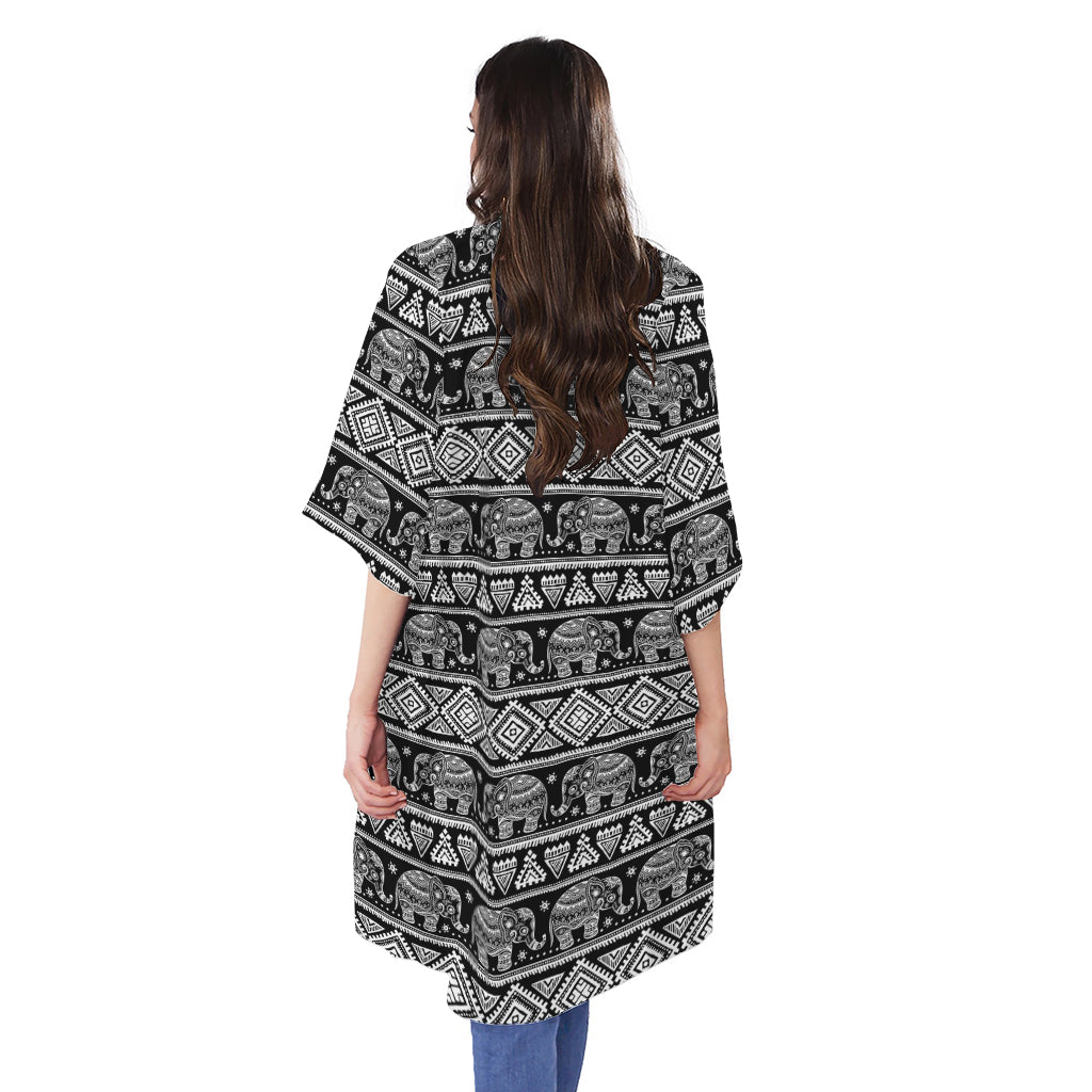 Black And White Indian Elephant Print Open Front Beach Cover Up
