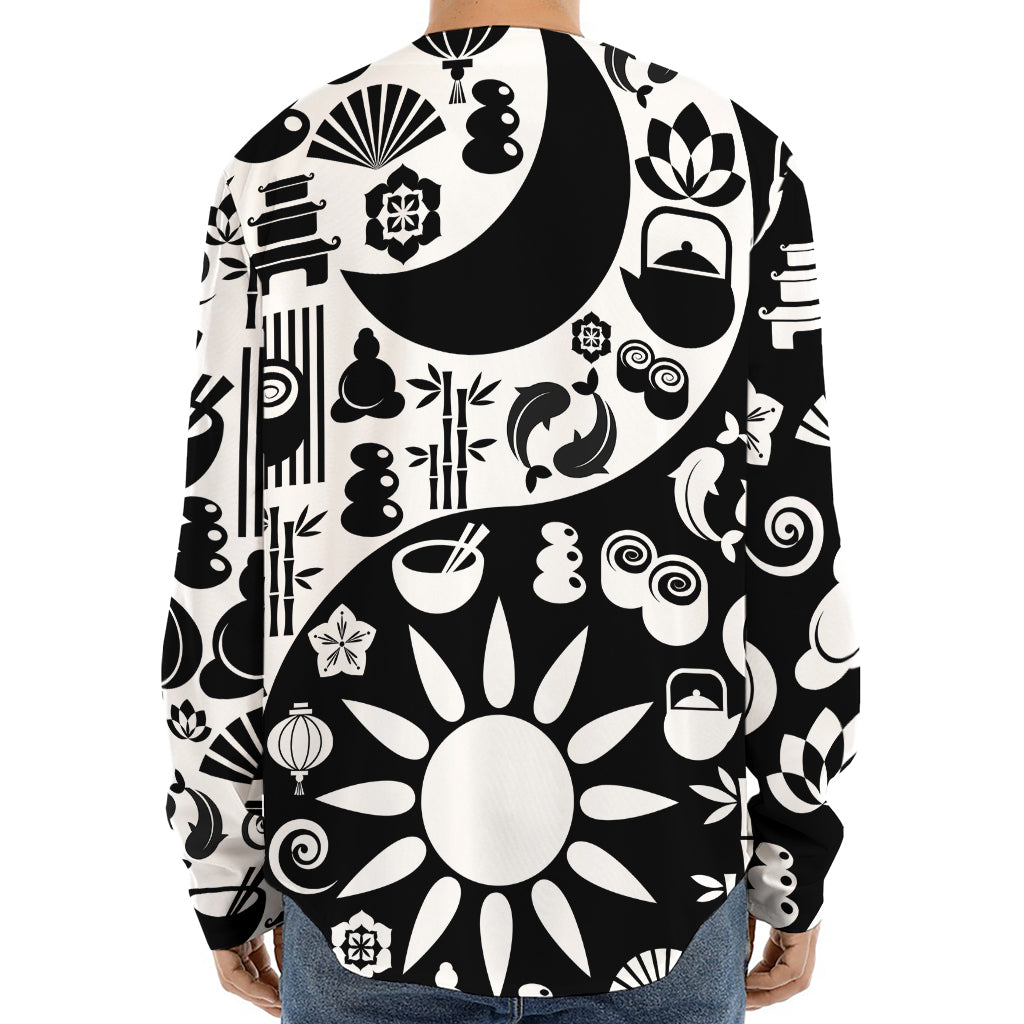 Black And White Japanese Yin Yang Print Long Sleeve Baseball Jersey