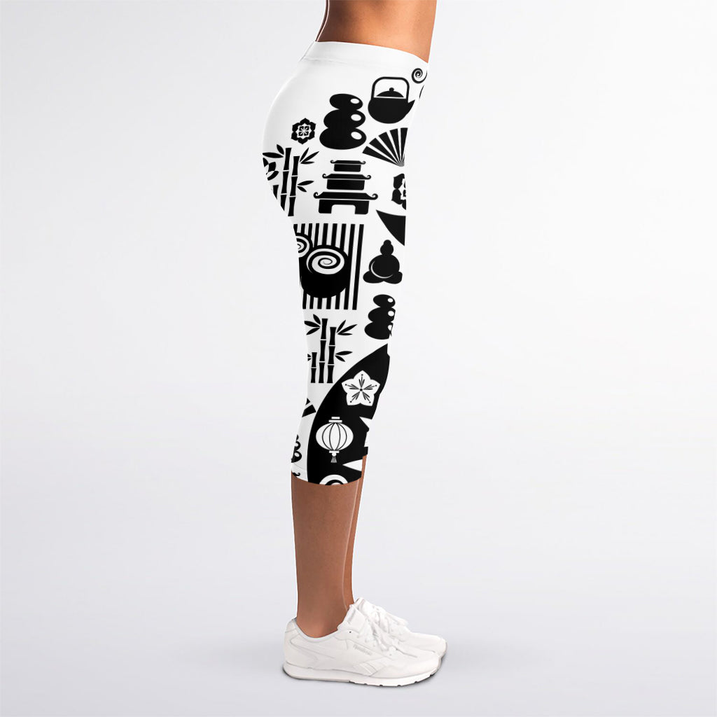Black And White Japanese Yin Yang Print Women's Capri Leggings