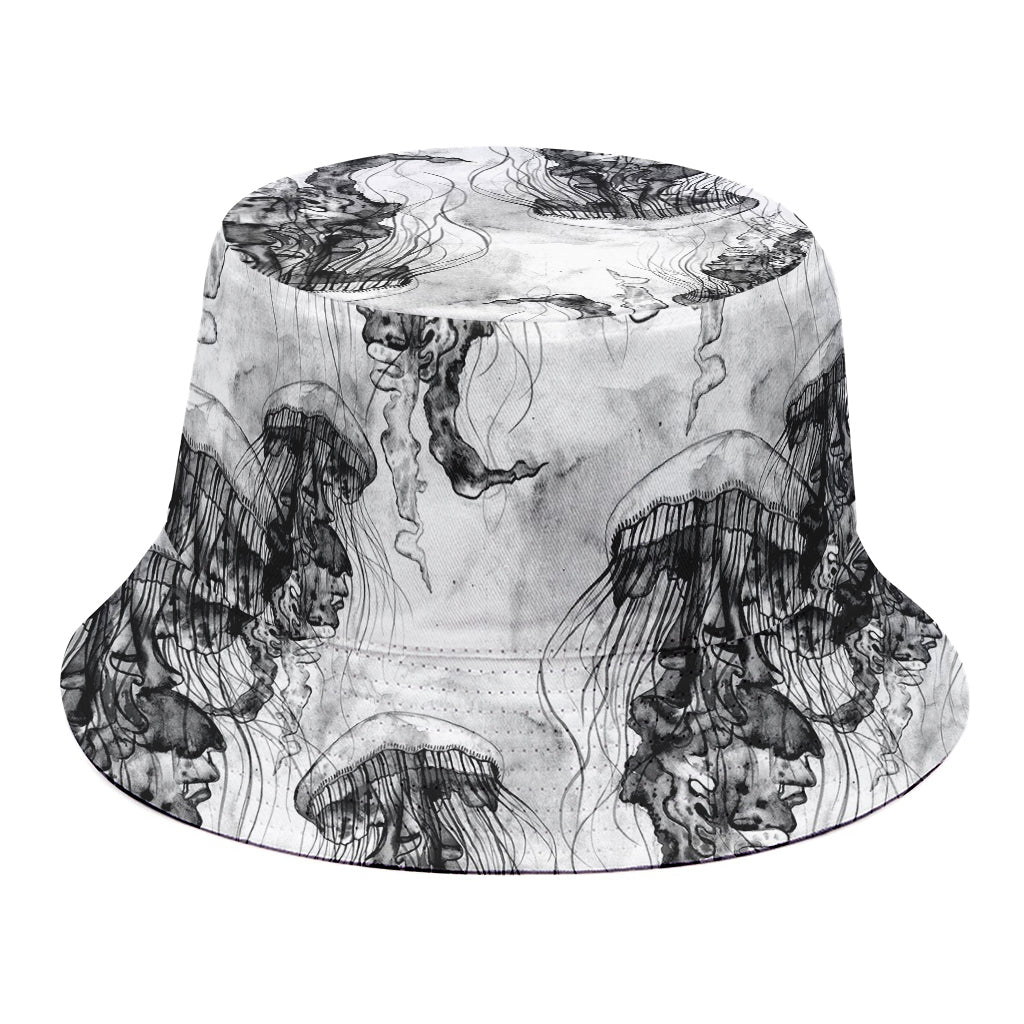 Black And White Jellyfish Pattern Print Bucket Hat