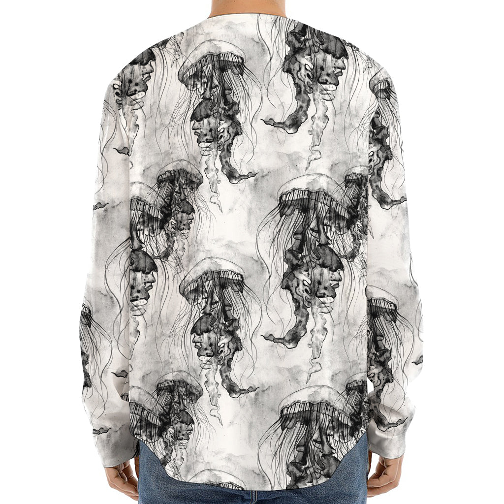 Black And White Jellyfish Pattern Print Long Sleeve Baseball Jersey