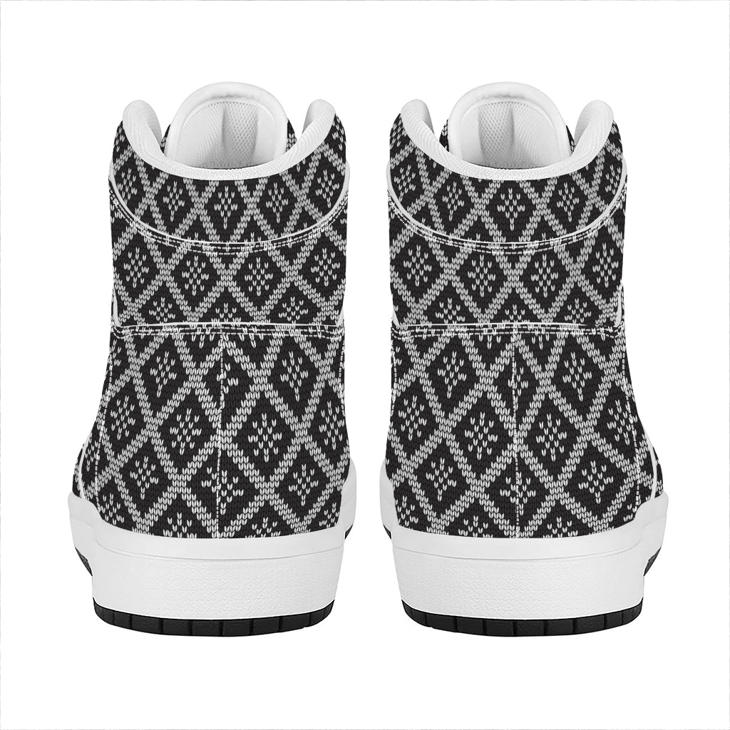 Black And White Knitted Pattern Print High Top Leather Sneakers