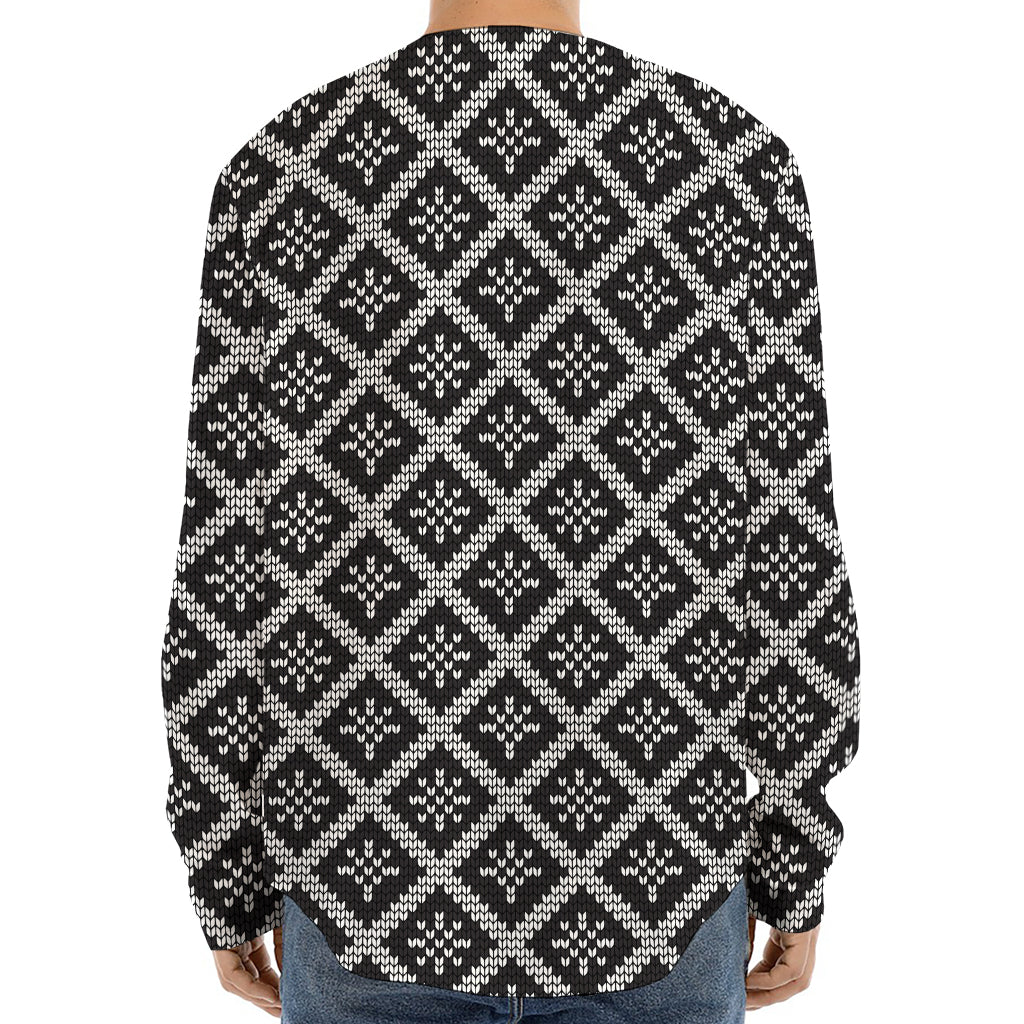 Black And White Knitted Pattern Print Long Sleeve Baseball Jersey
