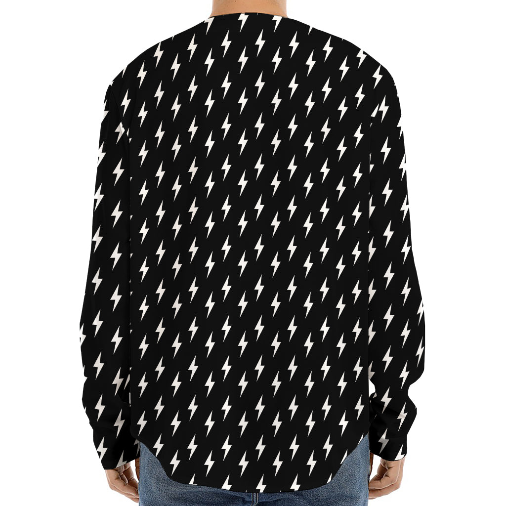 Black And White Lightning Pattern Print Long Sleeve Baseball Jersey