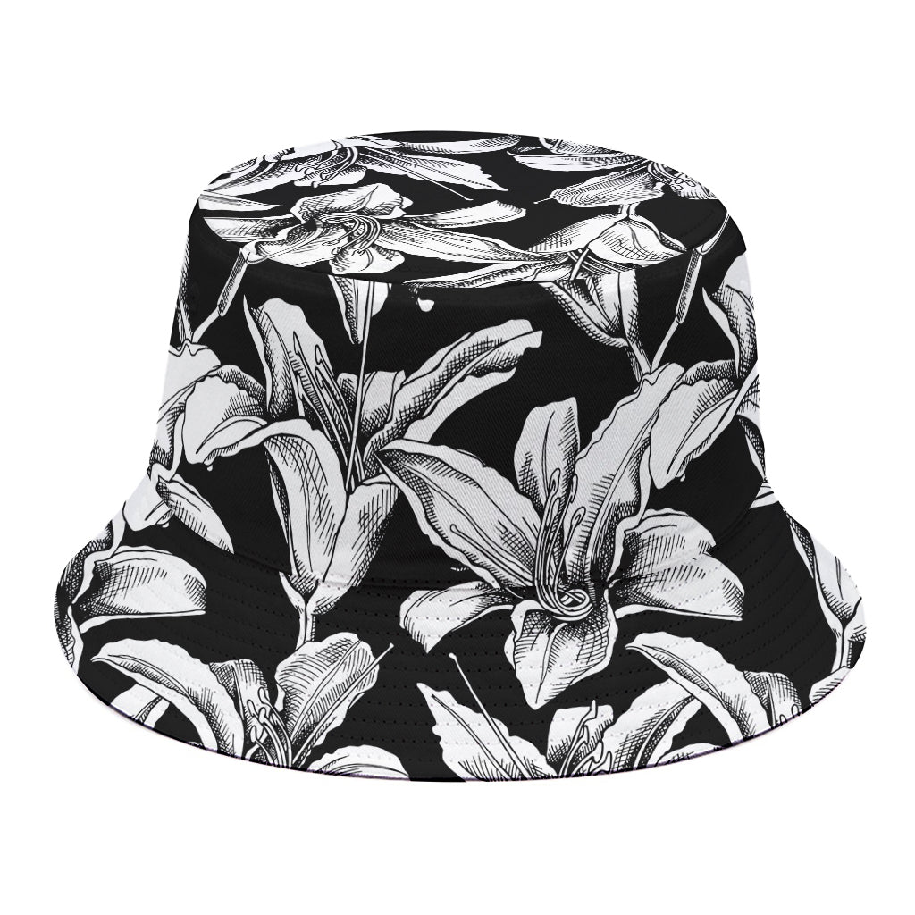 Black And White Lily Pattern Print Bucket Hat