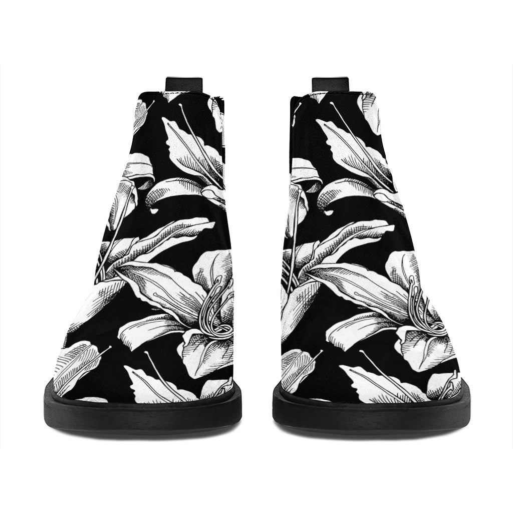 Black And White Lily Pattern Print Flat Ankle Boots