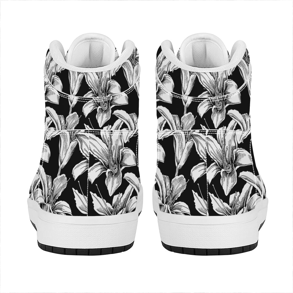 Black And White Lily Pattern Print High Top Leather Sneakers