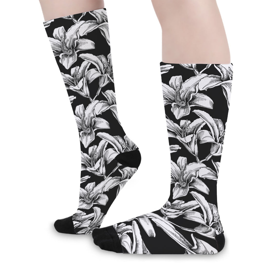 Black And White Lily Pattern Print Long Socks