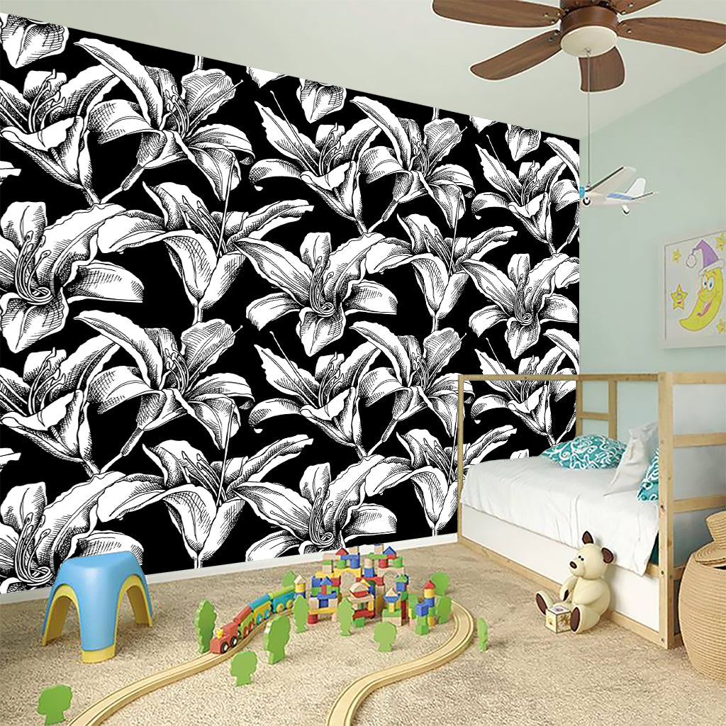 Black And White Lily Pattern Print Wall Sticker