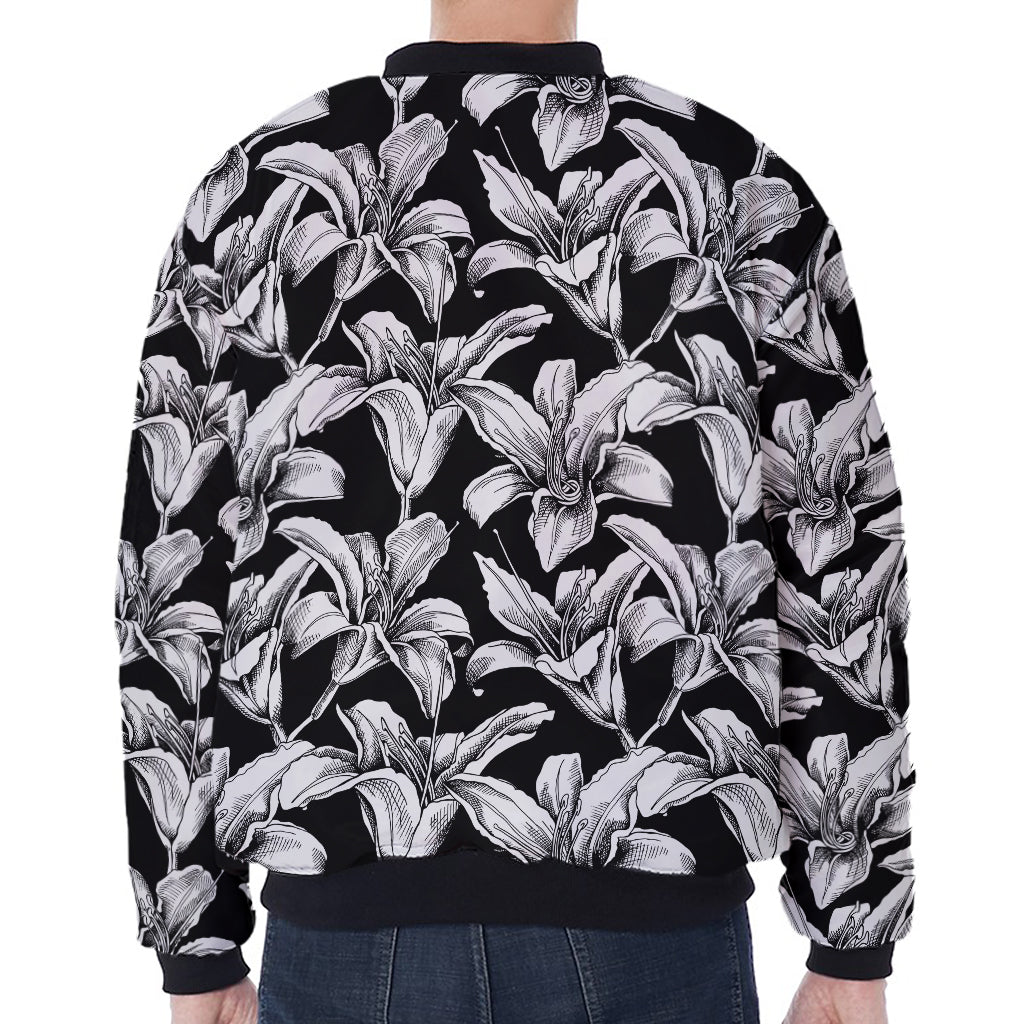 Black And White Lily Pattern Print Zip Sleeve Bomber Jacket