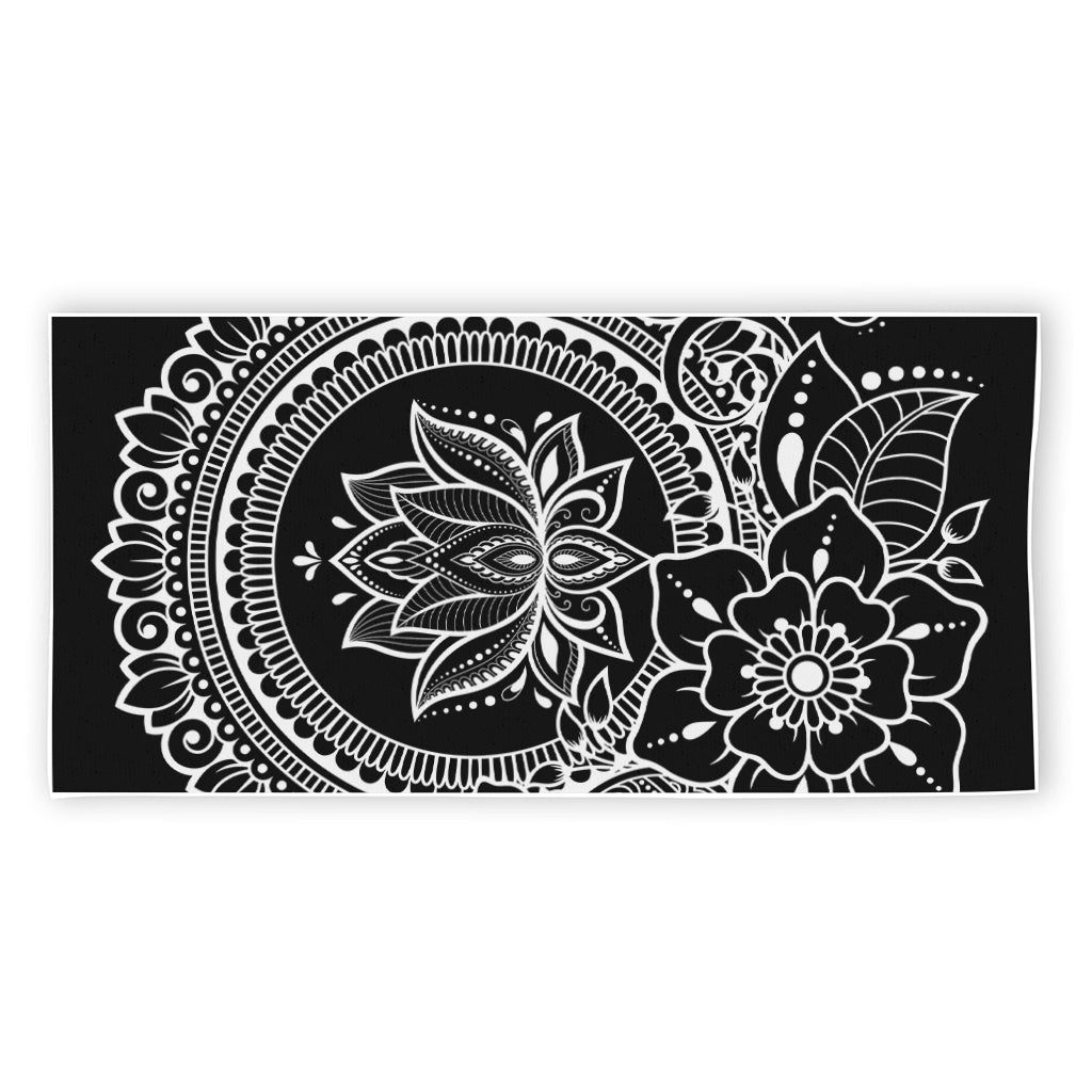 Black And White Lotus Flower Print Beach Towel