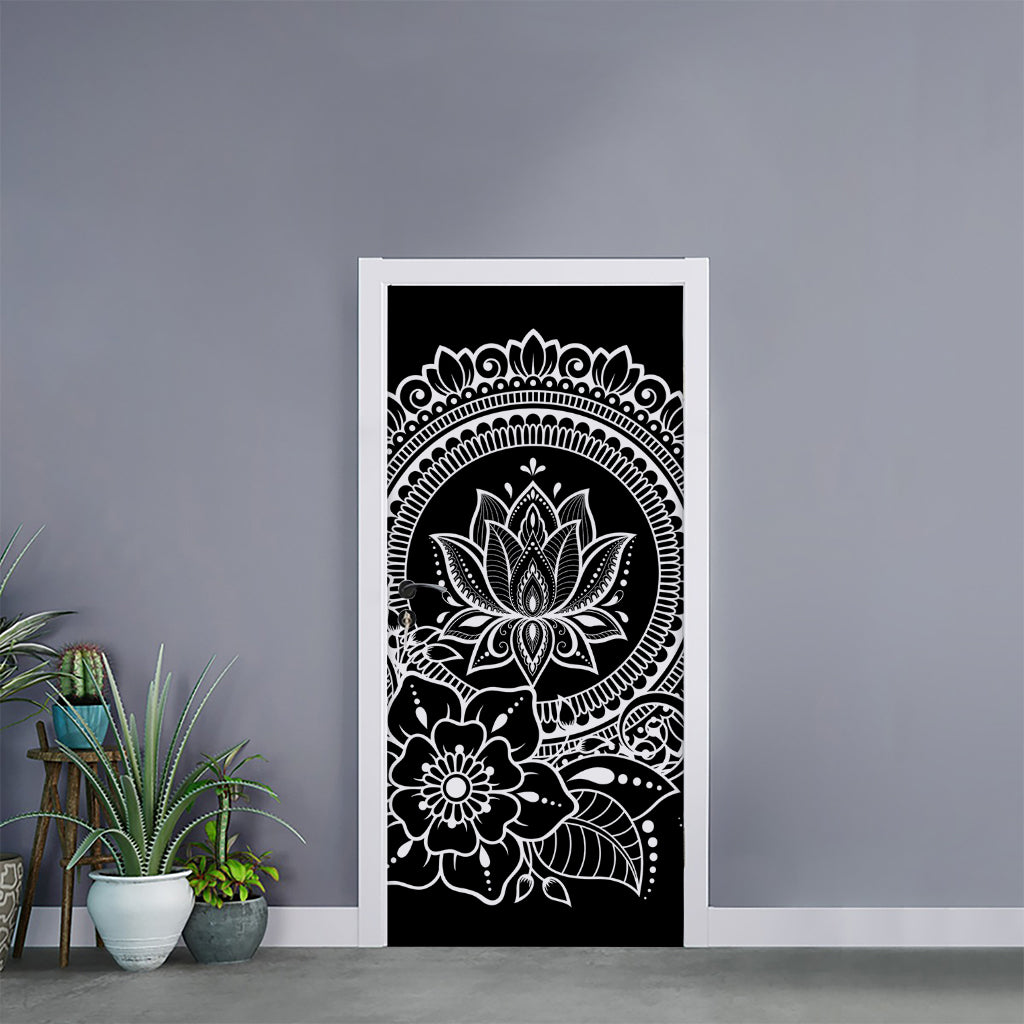 Black And White Lotus Flower Print Door Sticker