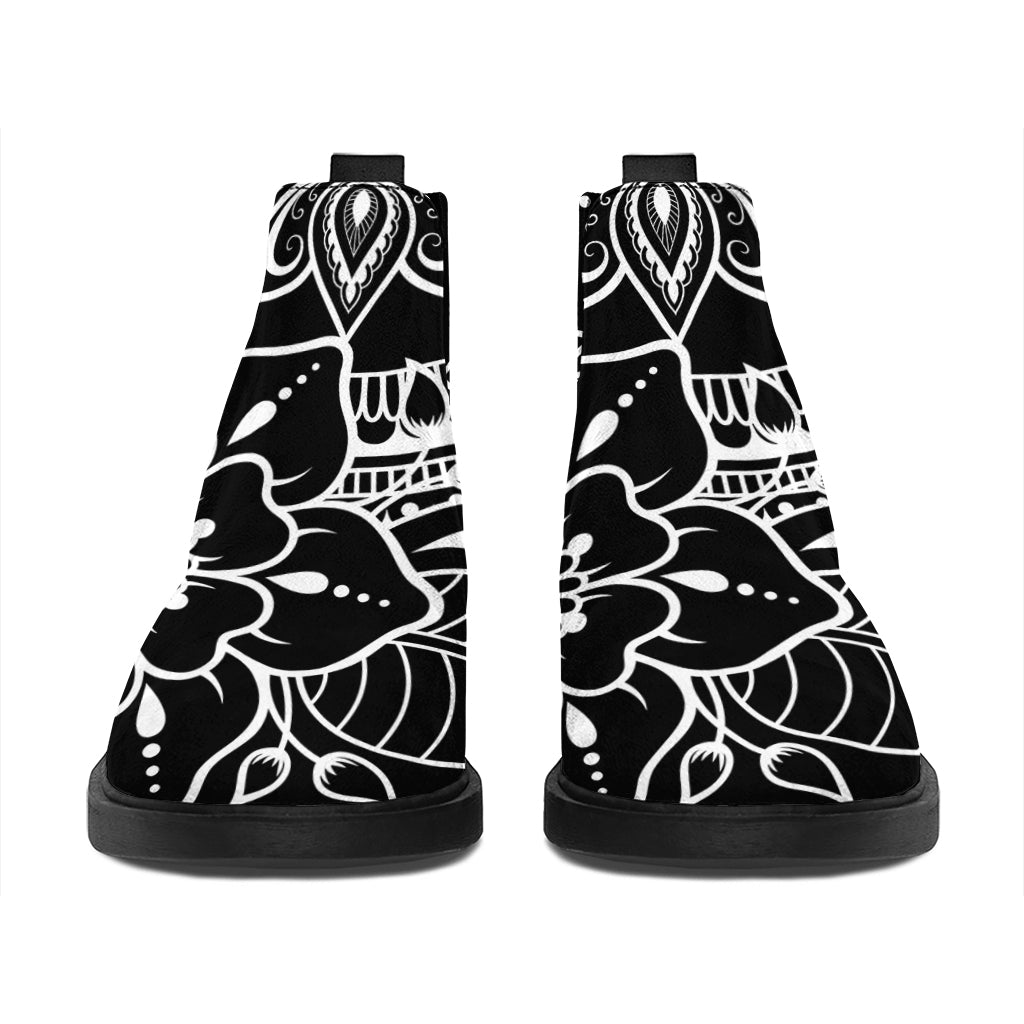 Black And White Lotus Flower Print Flat Ankle Boots