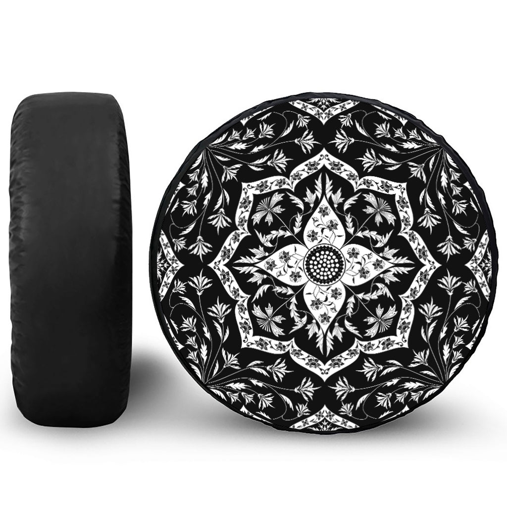 Black And White Lotus Mandala Print Leather Spare Tire Cover