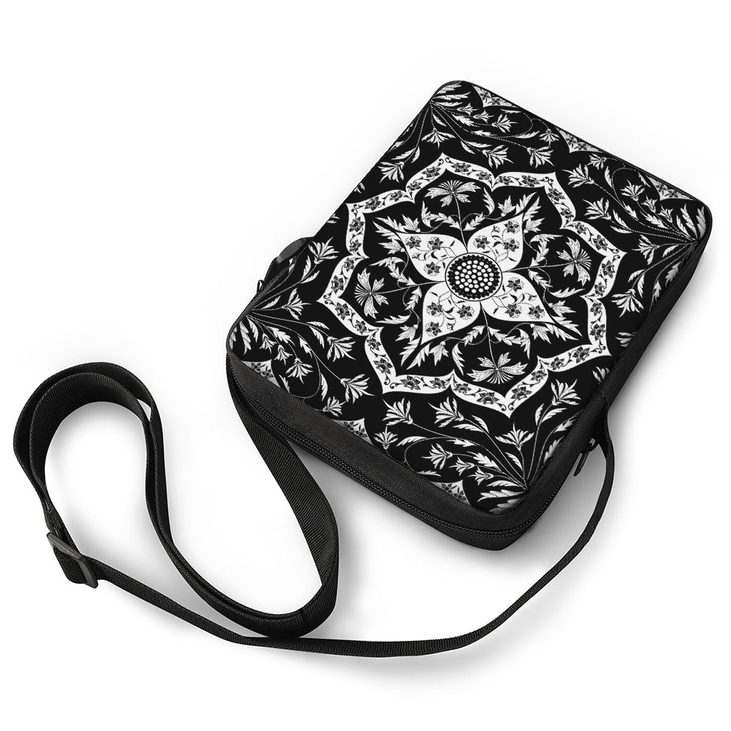 Black And White Lotus Mandala Print Rectangular Crossbody Bag