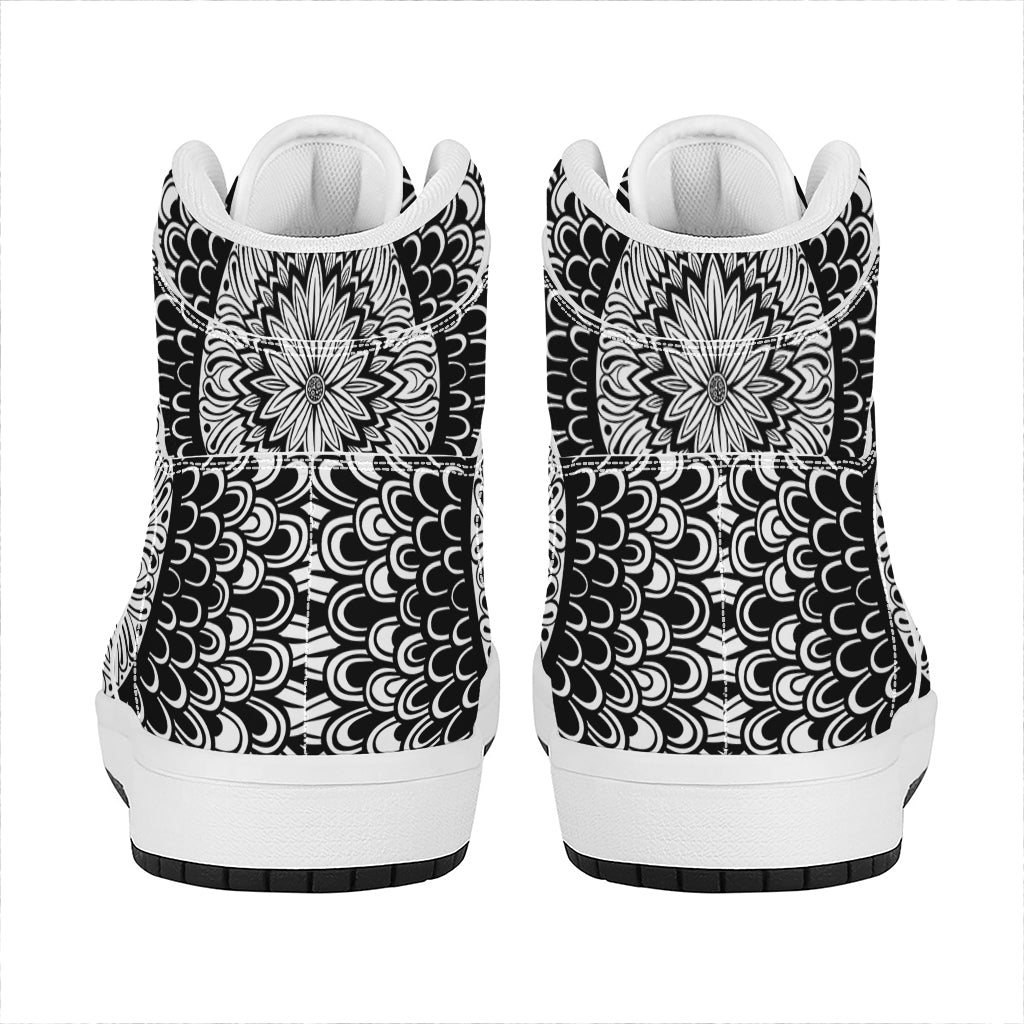 Black And White Mandala Print High Top Leather Sneakers