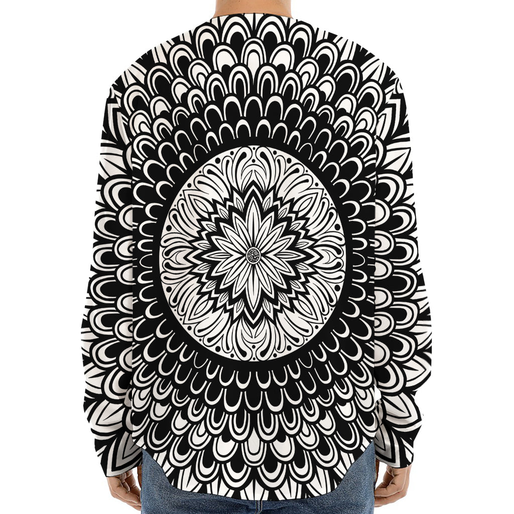 Black And White Mandala Print Long Sleeve Baseball Jersey