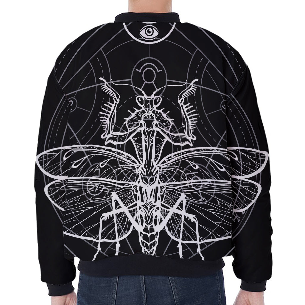 Black And White Mantis Spirit Print Zip Sleeve Bomber Jacket
