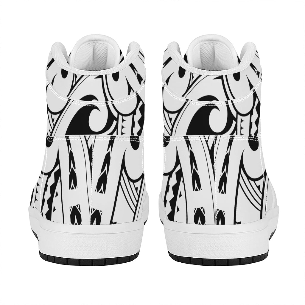 Black And White Maori Pattern Print High Top Leather Sneakers