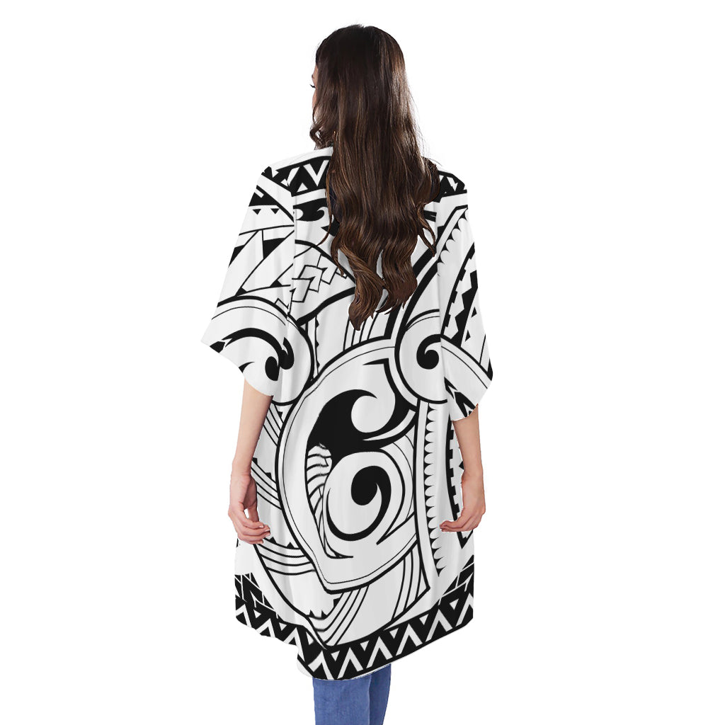 Black And White Maori Pattern Print Open Front Beach Cover Up