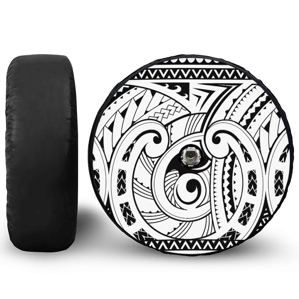 Black And White Maori Pattern Print Tire Cover With Camera Hole