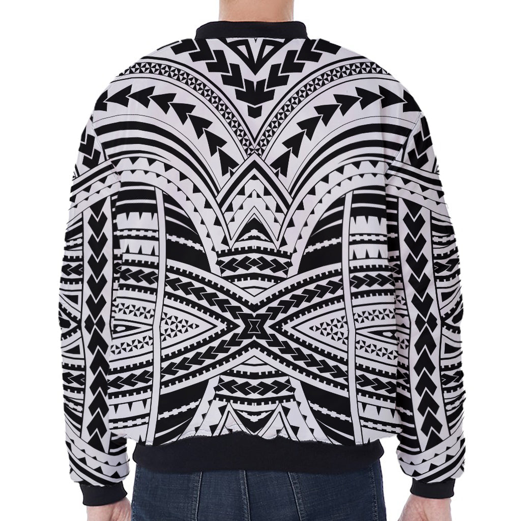 Black And White Maori Tribal Print Zip Sleeve Bomber Jacket