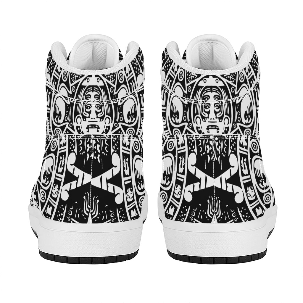 Black And White Maya Calendar Print High Top Leather Sneakers