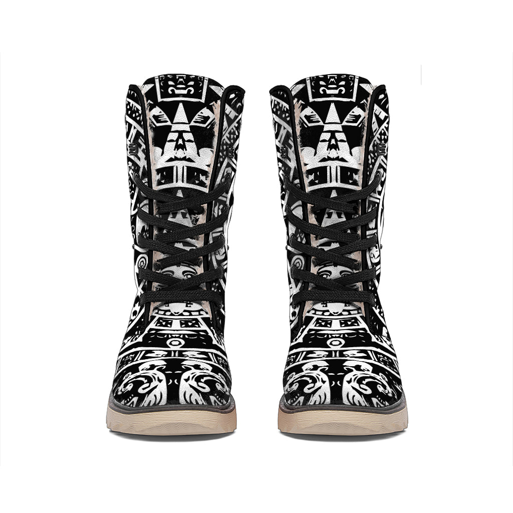Black And White Maya Calendar Print Winter Boots