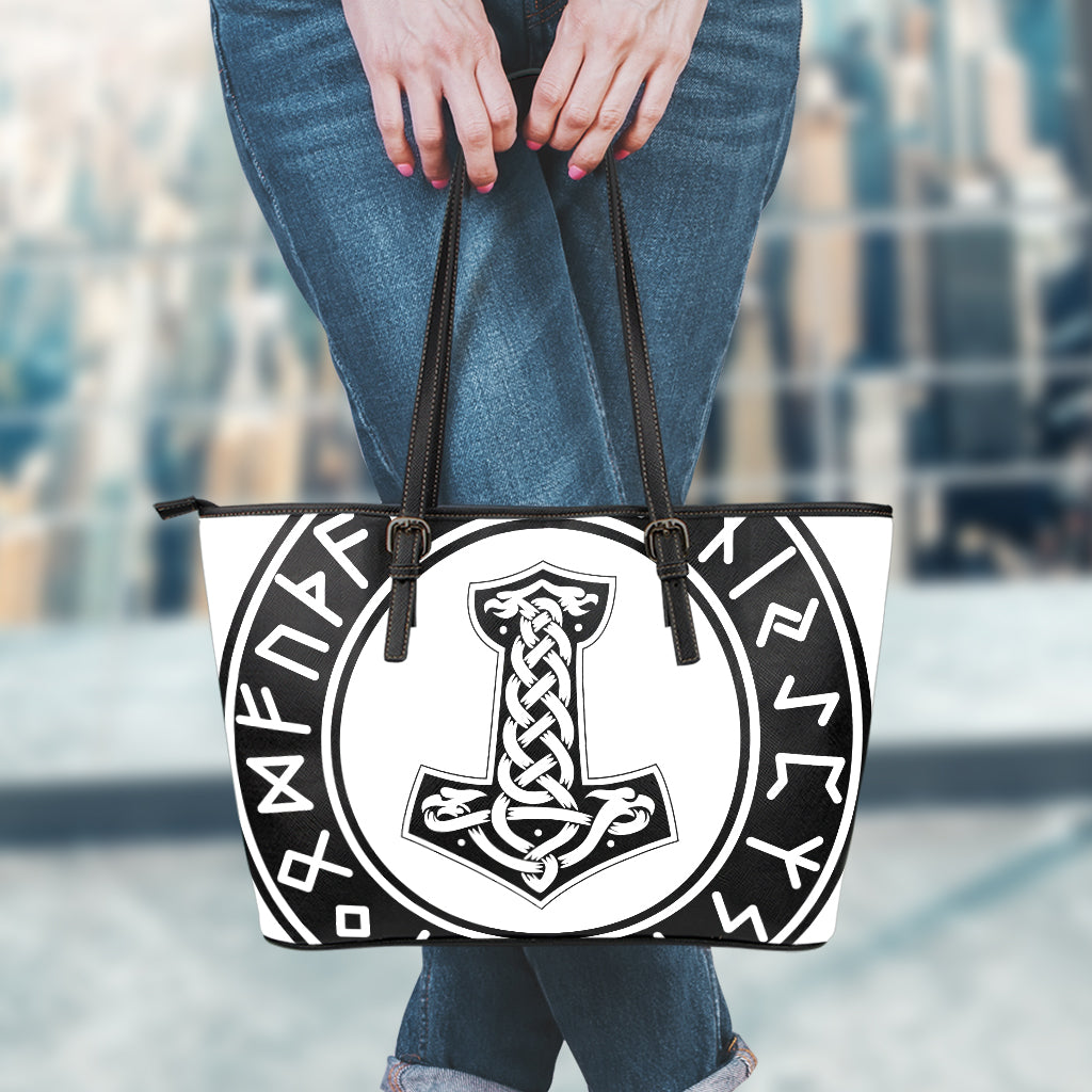 Black And White Mjolnir Print Leather Tote Bag
