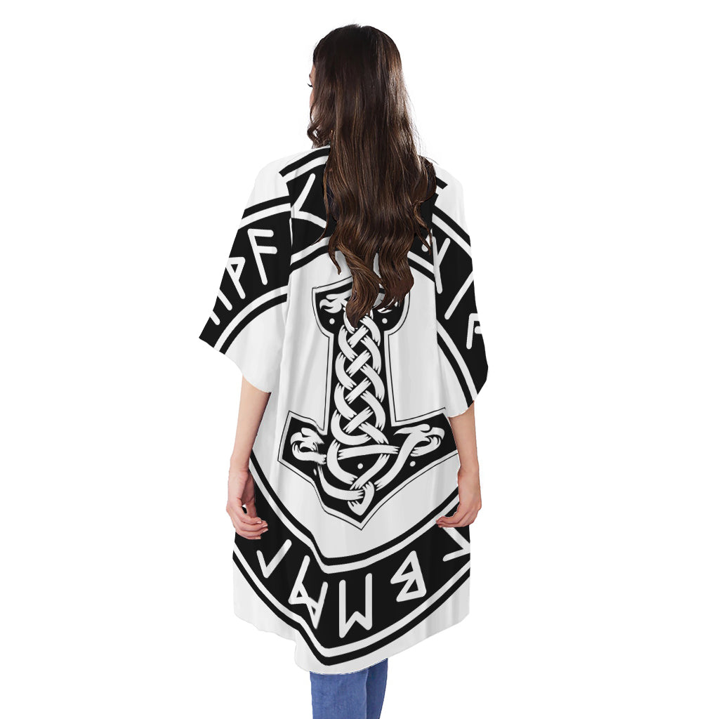 Black And White Mjolnir Print Open Front Beach Cover Up