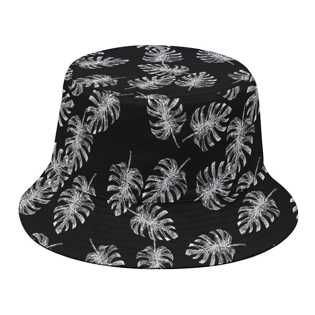Black And White Monstera Pattern Print Bucket Hat